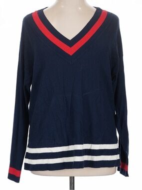 CHAPS V-Neck Striped Trim Navy Sweater